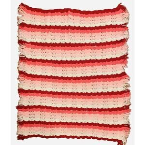 Crochet Afghan Throw Blanket Handmade 61 x 48 Pink White Red Gradient Stripe